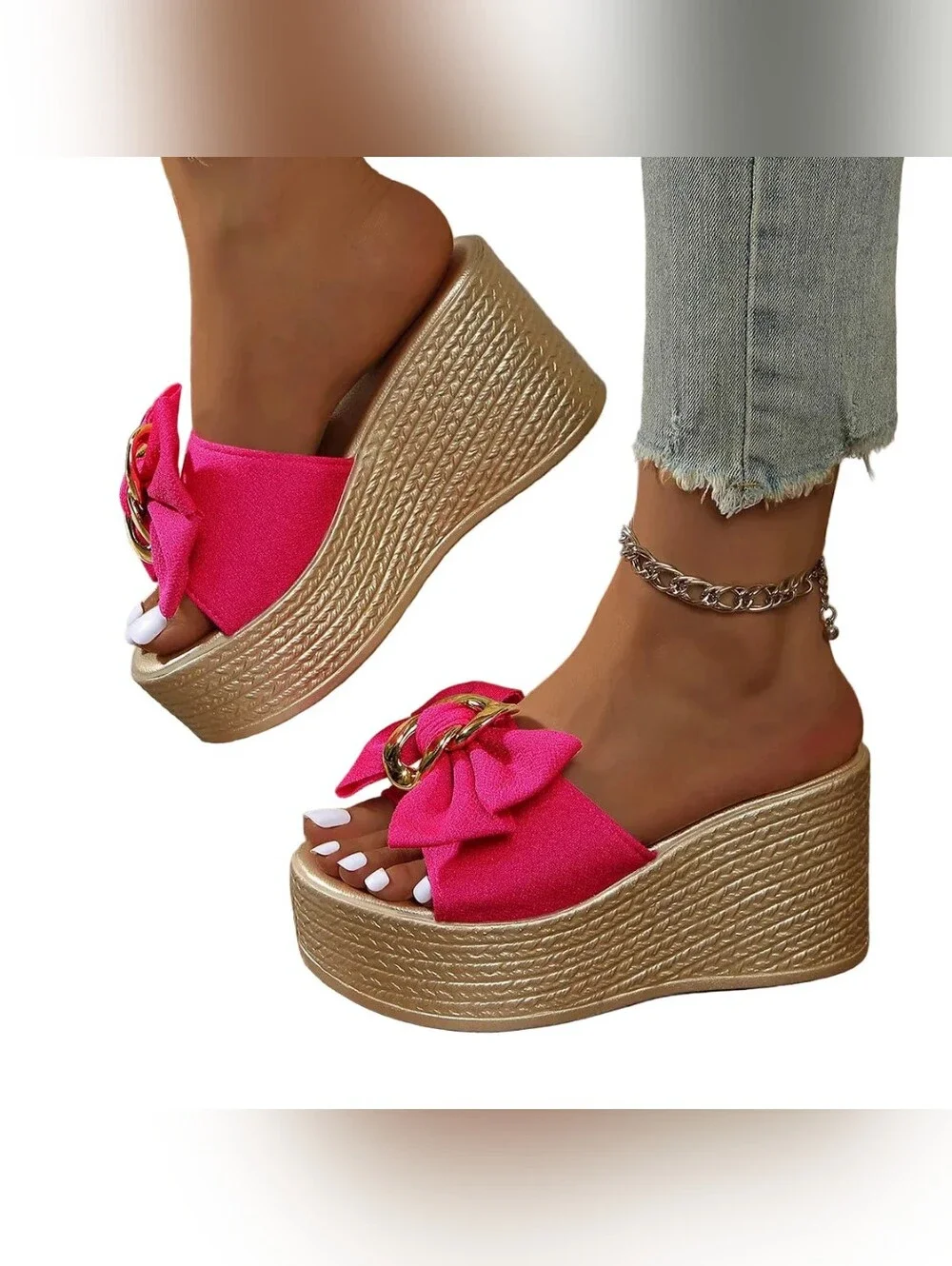 Gold Chain Oversized Bow Platform Open Toe Shoe Slip On Coquette Sandal Hot Pink